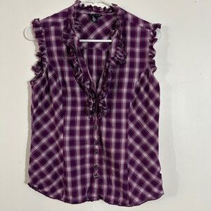 Tommy Hilfiger Women's M Purple Plaid Sleeveless Ruffle Button Down‎ Top Blouse